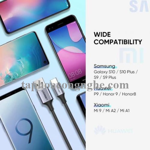 Ugreen 60409 3M Qc3.0 usb type c 2.0 Cáp sạc và dữ liệu từ máy tính ra điện thoại đầu nhôm xám US288 30060409